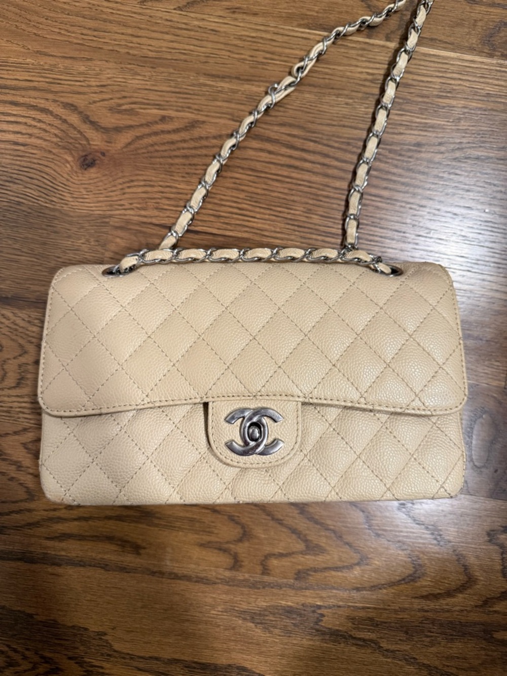 Beige Quilted Shoulder Bag with Chain Strap